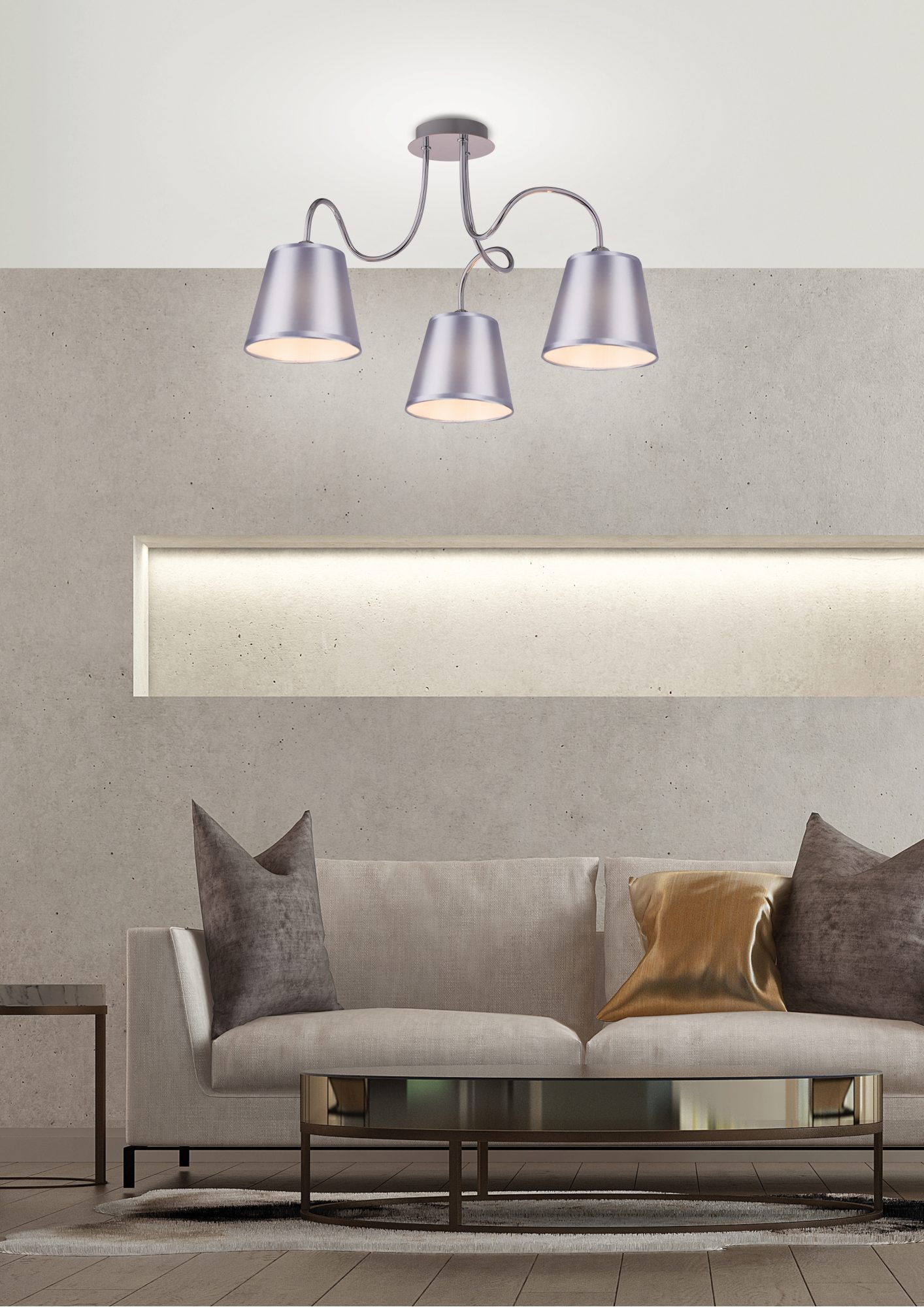 Lampa wisząca Larosira trzy szare abażury w aranżacji salonu