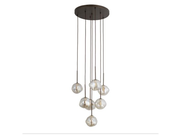 Lampa wisząca Lava 7-punktowa G9 brązowa z nieregularnymi szklanymi kloszami na białym tle