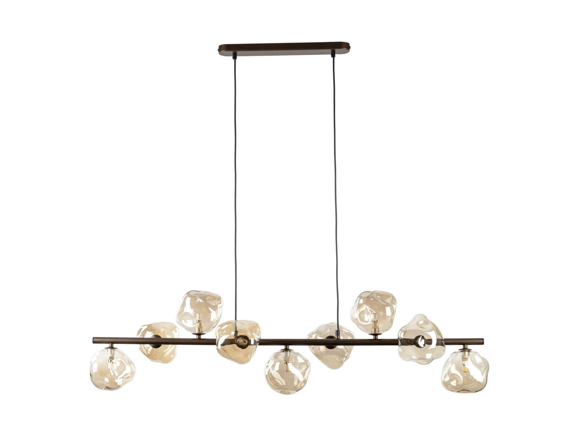 Brązowa lampa wisząca Lava z dziewięcioma szklanymi kloszami na białym tle