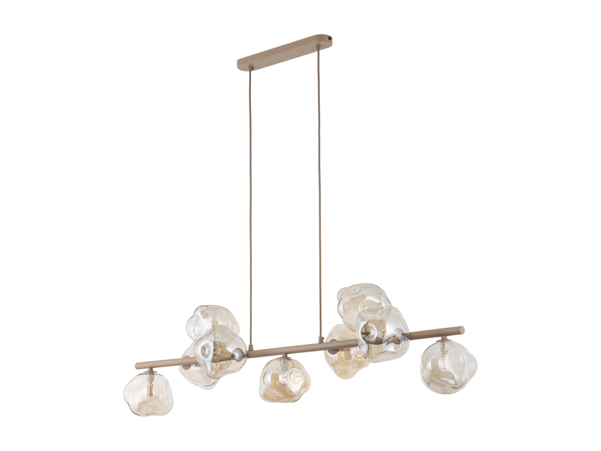 Lampa wisząca Lava 9-punktowa w piaskowym beżu z bursztynowymi kloszami na białym tle