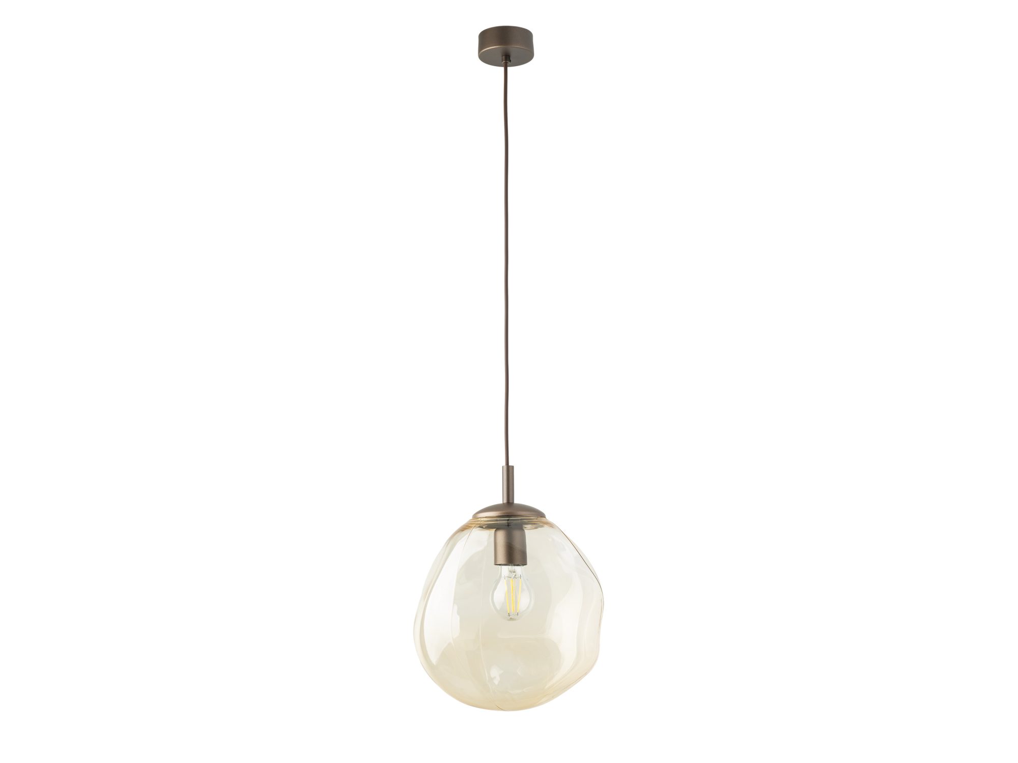 Brązowa lampa wisząca Lava M z bursztynowym kloszem na jasnym tle