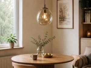 Miniaturka 2 - Lampa wisząca Lava M brązowa w aranżacji jadalni nad okrągłym stołem