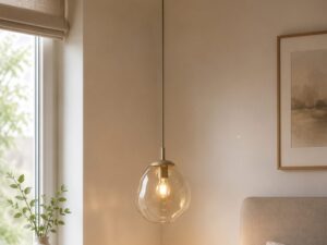 Miniaturka 3 - Lampa wisząca Lava M piaskowy beż w aranżacji jasnej sypialni