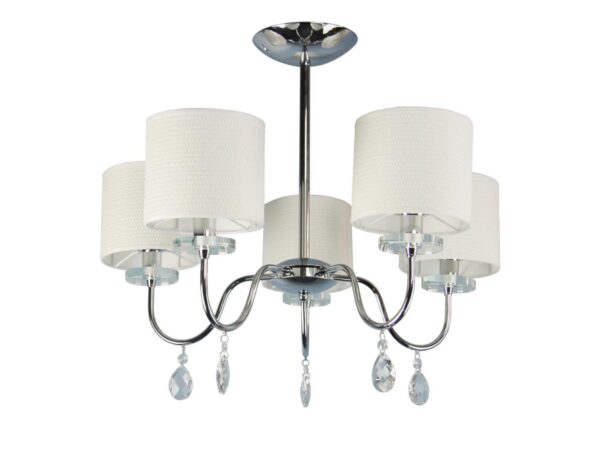 Lampa wisząca Lavadano chromowana z pięcioma jasnokremowymi abażurami