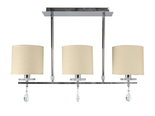 Lampa wisząca Lavadano chromowana z trzema kremowymi abażurami na białym tle