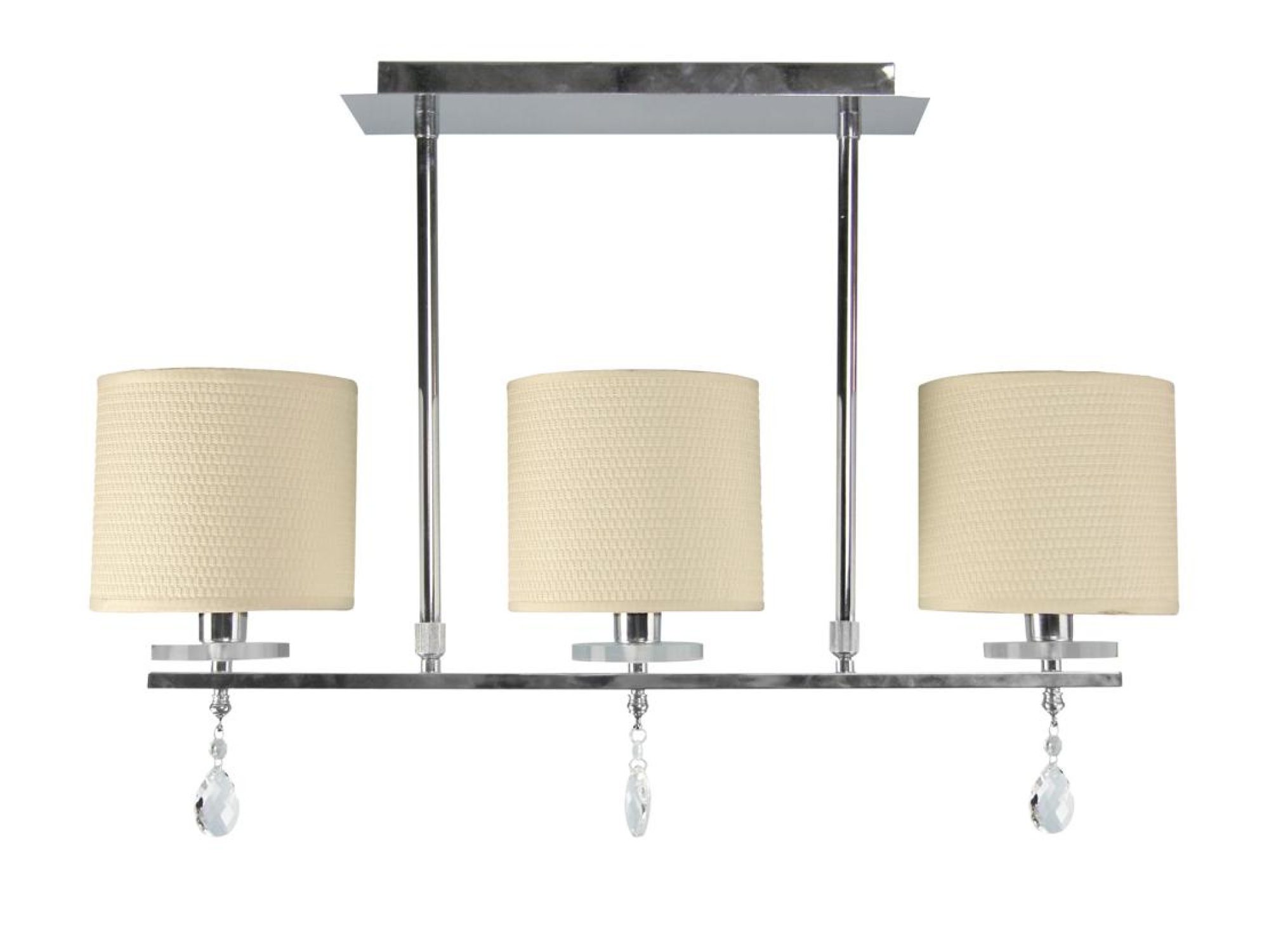 Lampa wisząca Lavadano chromowana z trzema kremowymi abażurami na białym tle