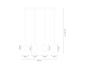 Miniaturka 6 - Rysunek wymiarów lampy wiszącej Lavatona LED 15 W cztery klosze, listwa 89 cm