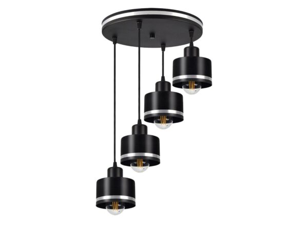 Lampa wisząca Lavedano z czterema czarnymi cylindrycznymi kloszami ze srebrnym paskiem