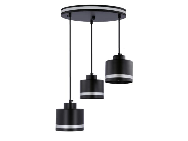 Lampa wisząca Lavedano z trzema czarnymi cylindrycznymi kloszami i srebrnymi paskami