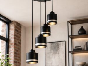 Miniaturka 1 - Lampa wisząca Lavedano z czterema kloszami w loftowym wnętrzu