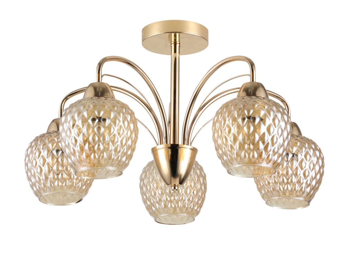 Lampa wisząca Lavelira złota z 5 bursztynowymi kloszami
