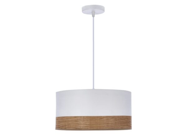 Lampa wisząca Lavoseta biały abażur z dolnym pasem forniru orzechowego na białym tle