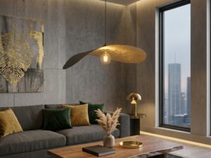 Miniaturka 3 - Lampa wisząca Leaf czarno-złota nad drewnianym stolikiem w salonie