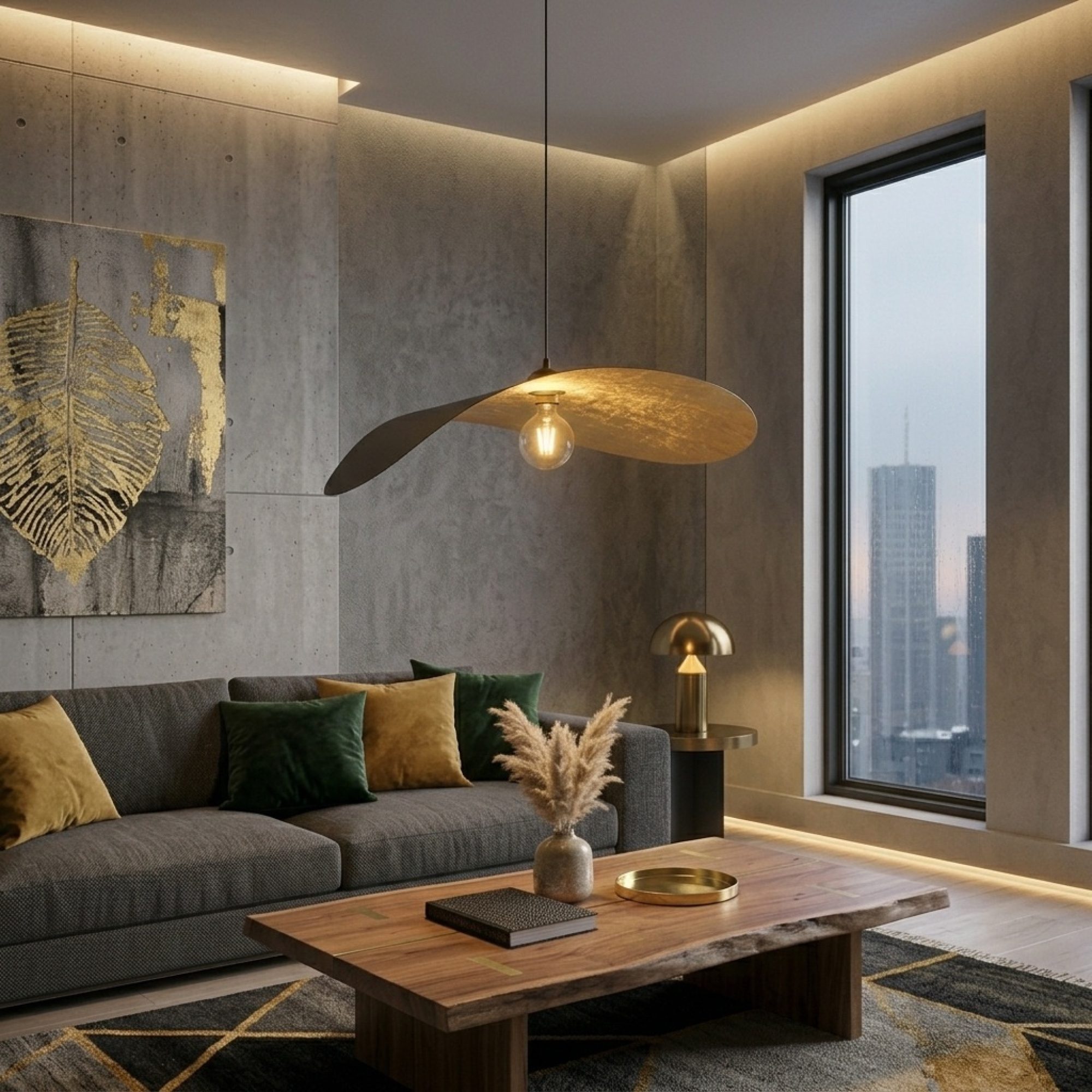 Lampa wisząca Leaf czarno-złota – aranżacja w salonie