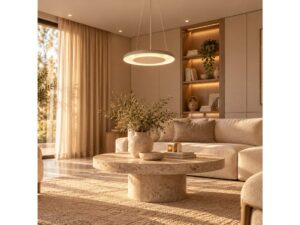 Miniaturka 4 - Lampa wisząca LED 30 W taupe w nowoczesnym salonie