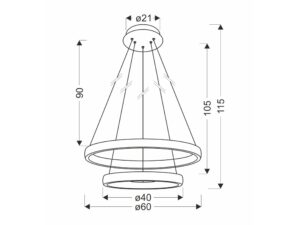 Miniaturka 1 - Rysunek wymiarowy lampy Avesela z ringami 60 i 40 cm na różnych poziomach