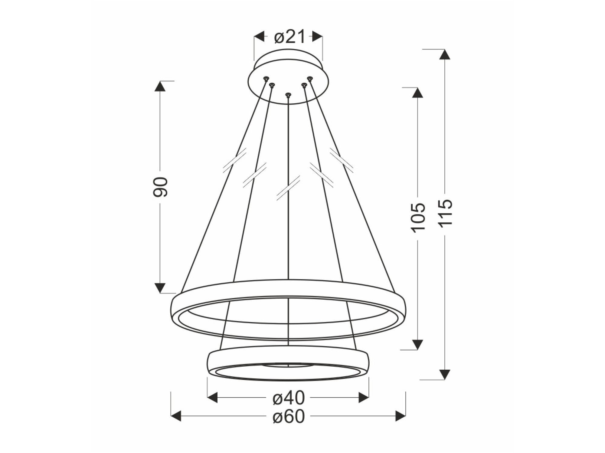Rysunek wymiarowy lampy Avesela z ringami 60 i 40 cm na różnych poziomach