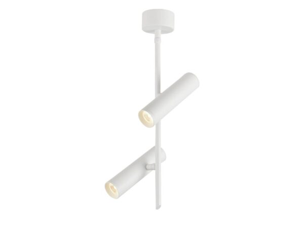 Biała lampa wisząca LED z dwoma ukośnymi tubami na jasnym tle