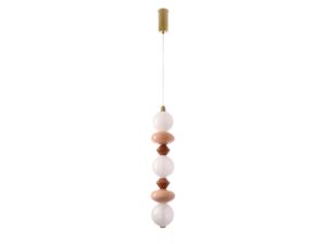 Miniaturka 5 - Lampa wisząca Kamesina LED z trzema białymi kulami i brązowymi ozdobami, na białym tle