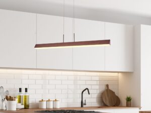 Miniaturka 1 - Brązowa lampa wisząca LED Noreseta nad kuchenną wyspą w jasnym wnętrzu