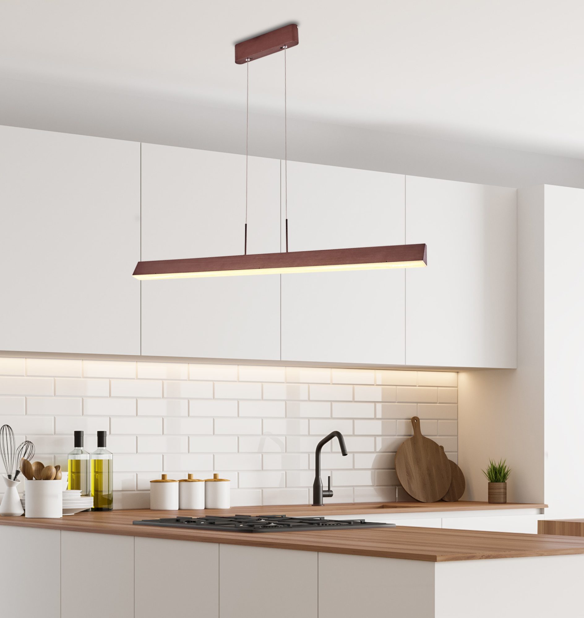 Lampa wisząca LED Noreseta nad blatem w jasnej kuchni