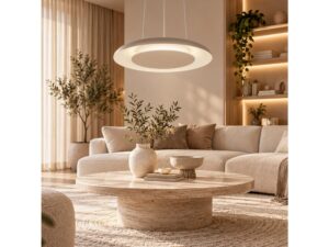 Miniaturka 5 - Beżowoszara lampa wisząca ring LED nad stolikiem