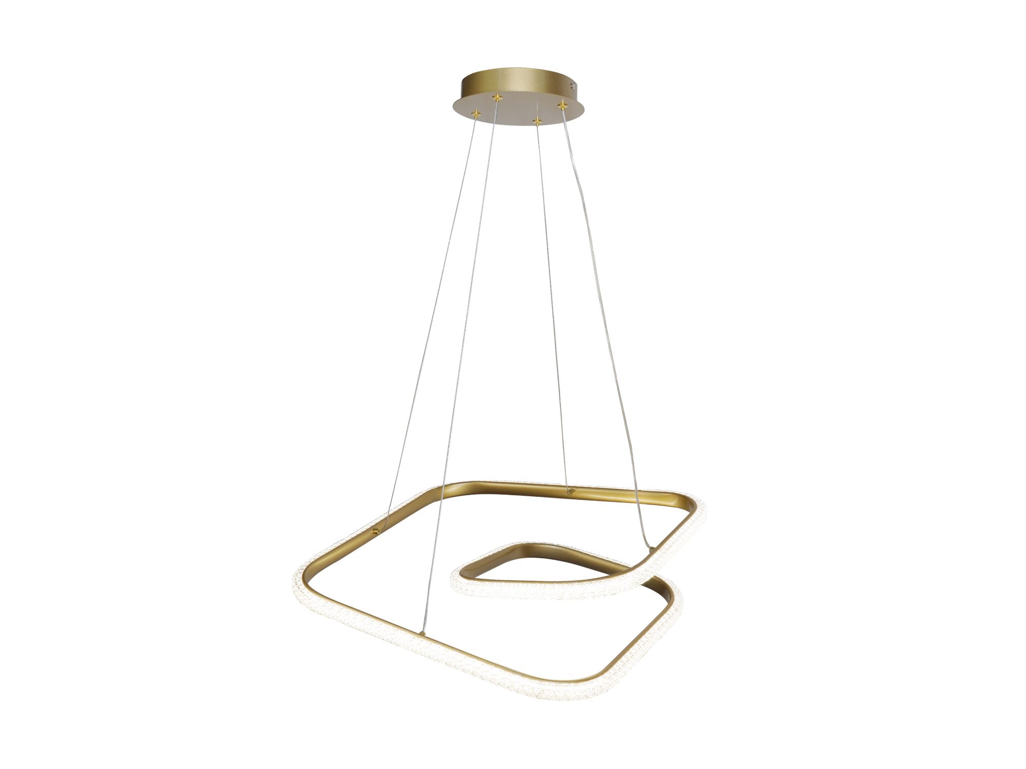 Lampa wisząca LED Selamino złota z geometrycznymi świetlnymi pierścieniami, na białym tle