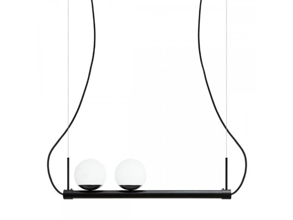 Lampa wisząca LIGNE czarna z dwoma białymi kloszami i belką LED na białym tle