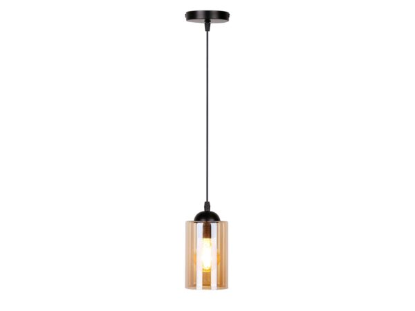 Lampa wisząca Lineso jednopunktowa z cylindrycznym bursztynowobrązowym szklanym kloszem na białym tle