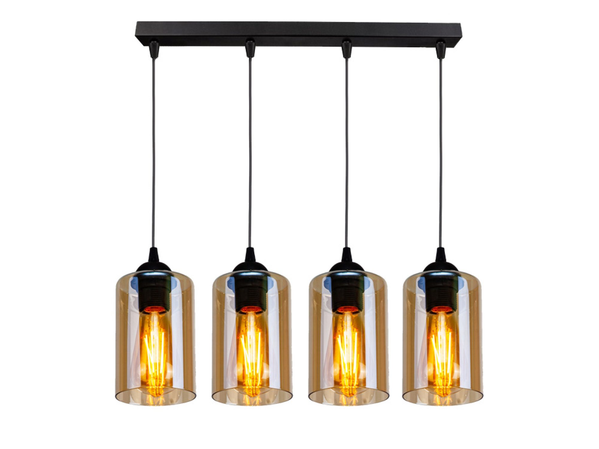 Lampa wisząca Lineso czteropunktowa z brązowymi kloszami, widok z przodu
