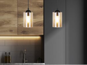 Miniaturka 2 - Lampa Lineso z dwoma brązowymi kloszami w ciemnej kuchni
