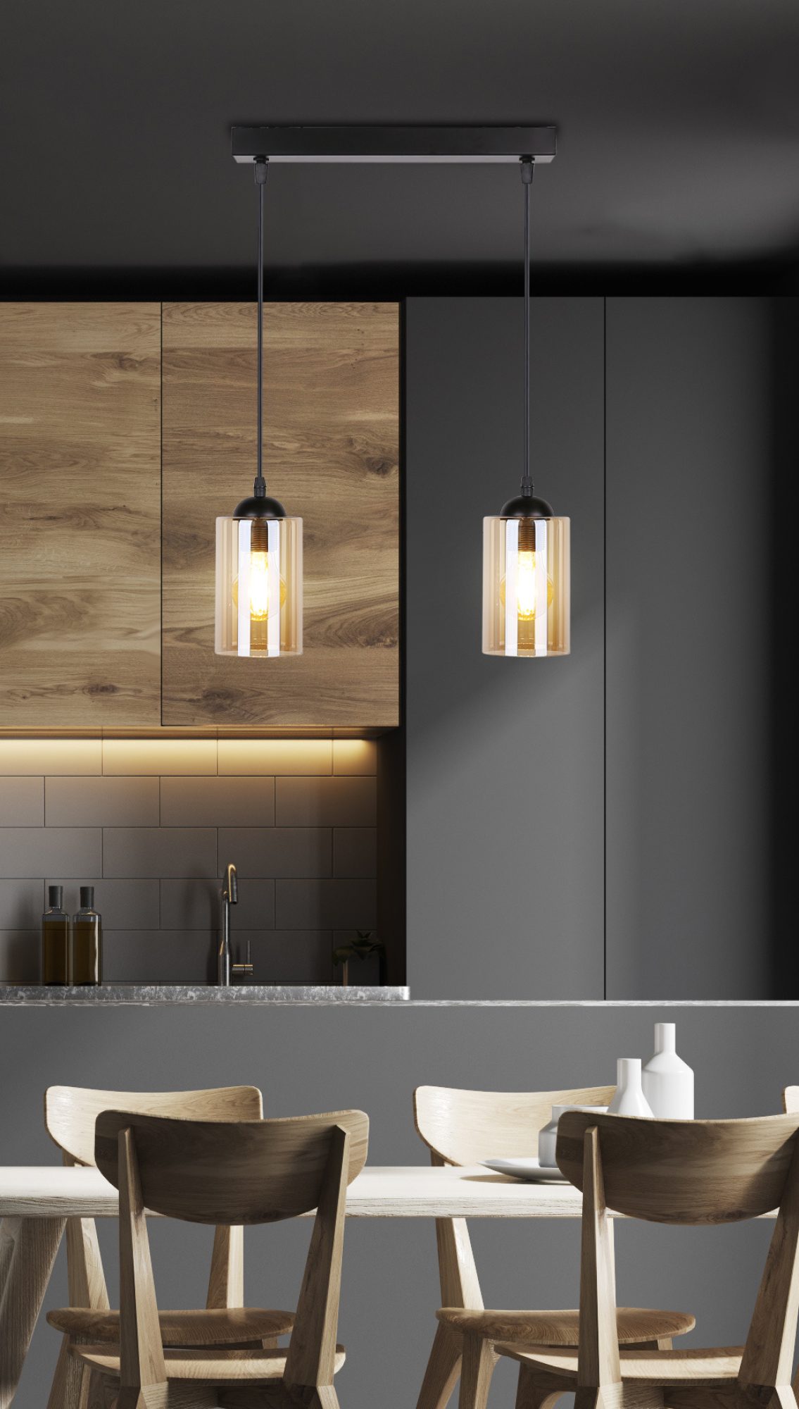 Lampa Lineso z dwoma brązowymi kloszami w ciemnej kuchni