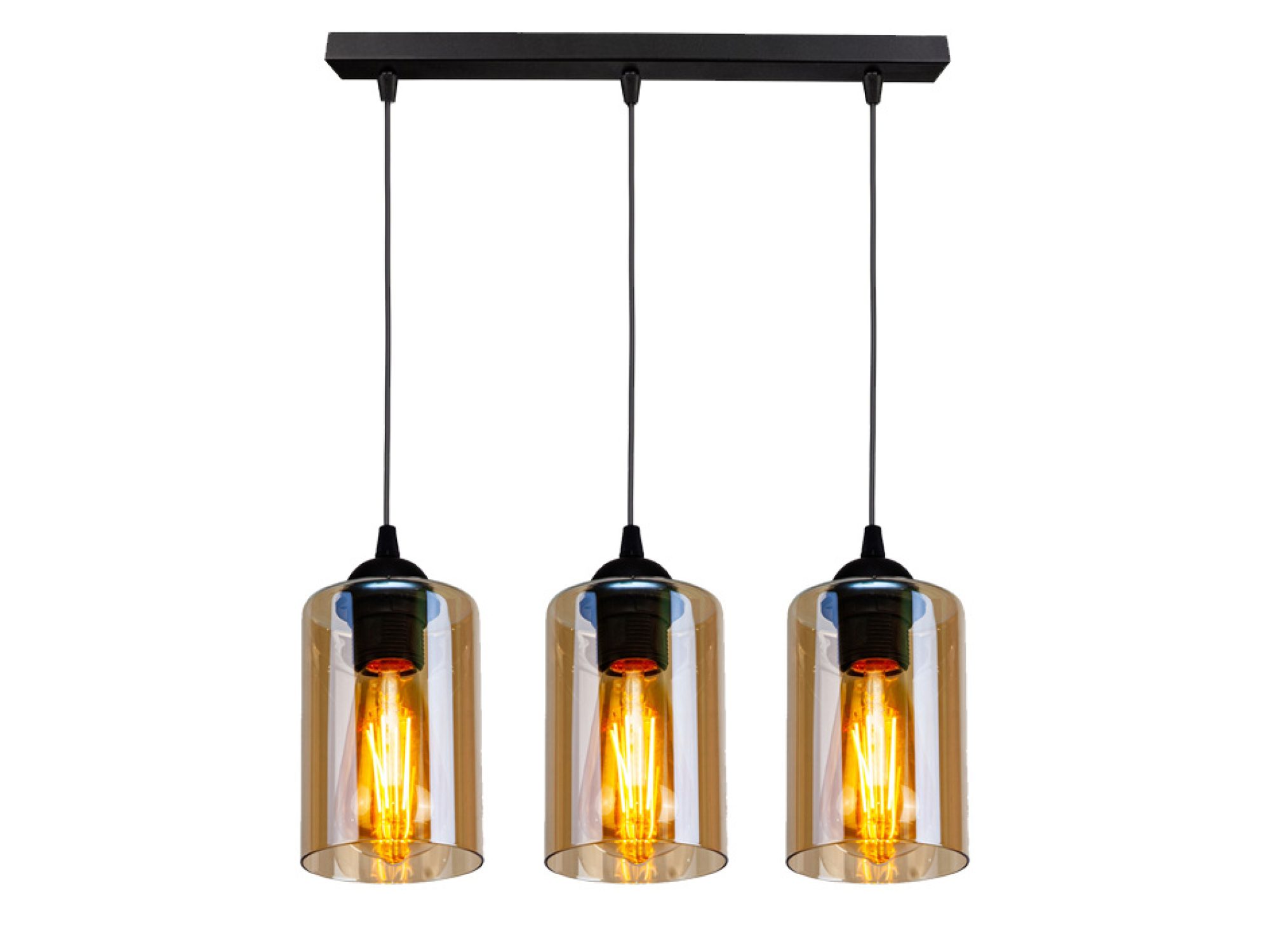 Trzypunktowa lampa wisząca Lineso z bursztynowobrązowymi kloszami i świecącymi żarówkami