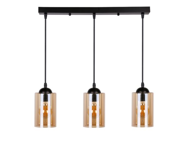 Trzypunktowa lampa wisząca Lineso z trzema brązowymi cylindrycznymi szklanymi kloszami na białym tle