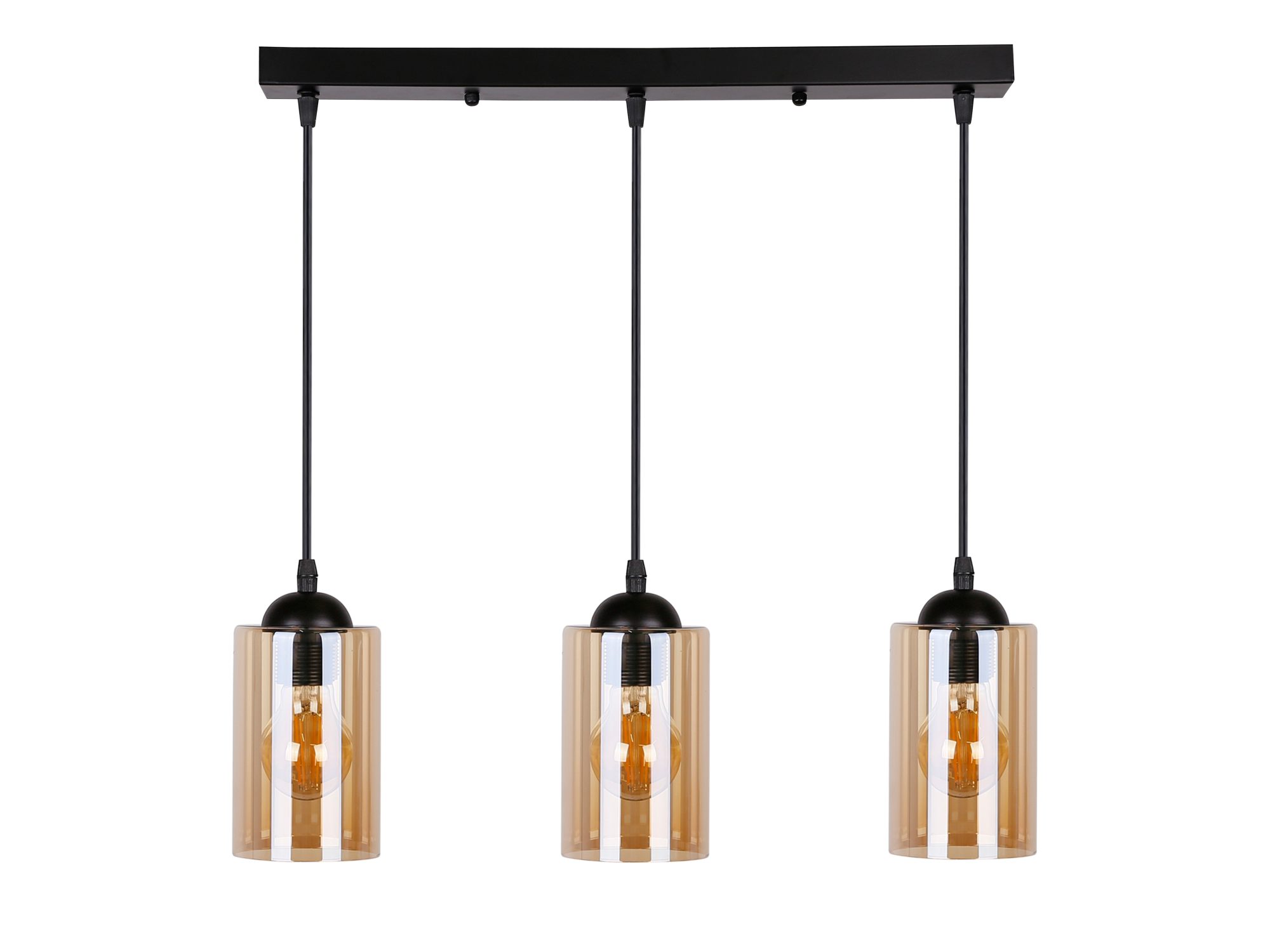 Trzypunktowa lampa wisząca Lineso z trzema brązowymi cylindrycznymi szklanymi kloszami na białym tle
