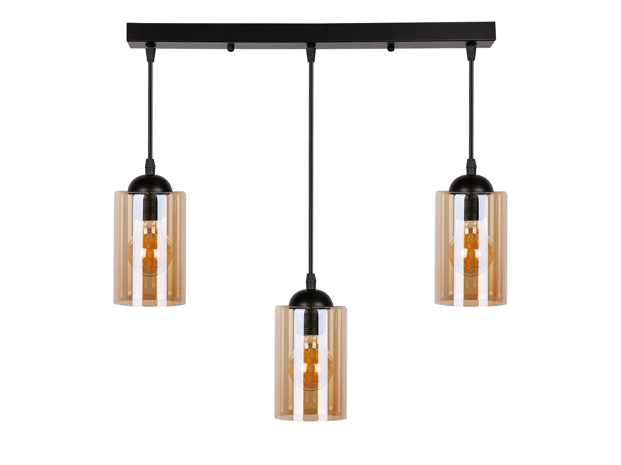 Lampa wisząca Lineso trzypunktowa z niżej zawieszonym środkowym brązowym kloszem