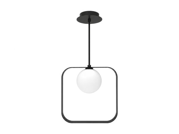 Czarna lampa wisząca Linetela z kwadratową metalową ramą i białym kloszem