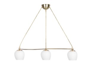 Miniaturka 2 - Lampa wisząca Linivio z białymi kloszami na patynowanej belce, widok z przodu