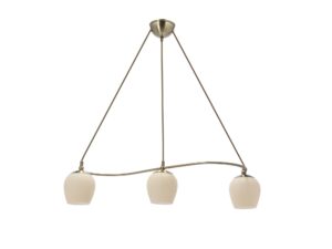 Miniaturka 4 - Lampa wisząca Linivio patynowana z trzema kremowymi szklanymi kloszami na łukowej belce