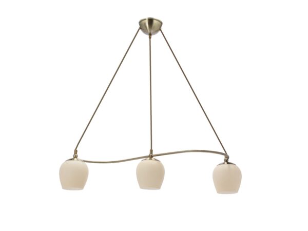 Lampa wisząca Linivio patynowana z trzema kremowymi szklanymi kloszami na łukowej belce