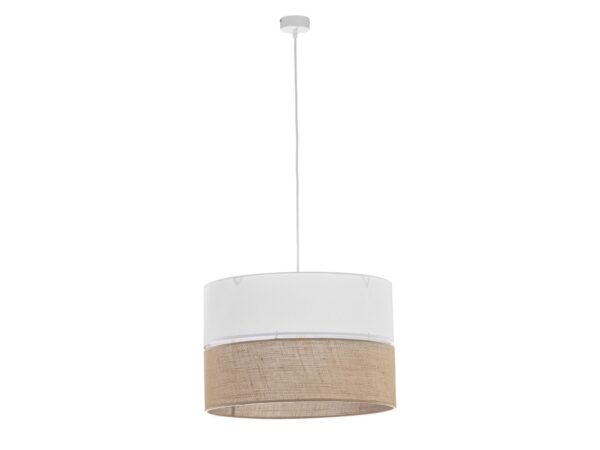 Lampa wisząca Linobianco 3-punktowa z abażurem z tkaniny i juty o średnicy 50 cm na białym tle