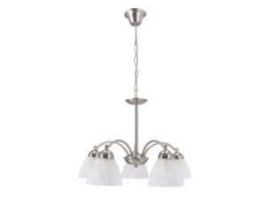 Miniaturka 2 - Lampa wisząca Lorimena pięcioramienna ze srebrną konstrukcją i białymi szklanymi kloszami