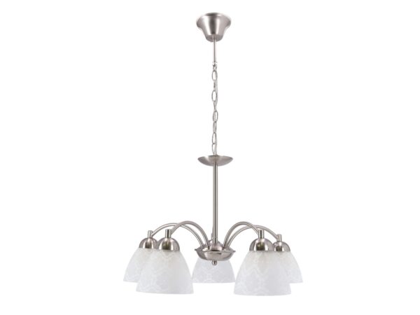 Lampa wisząca Lorimena pięcioramienna ze srebrną konstrukcją i białymi szklanymi kloszami