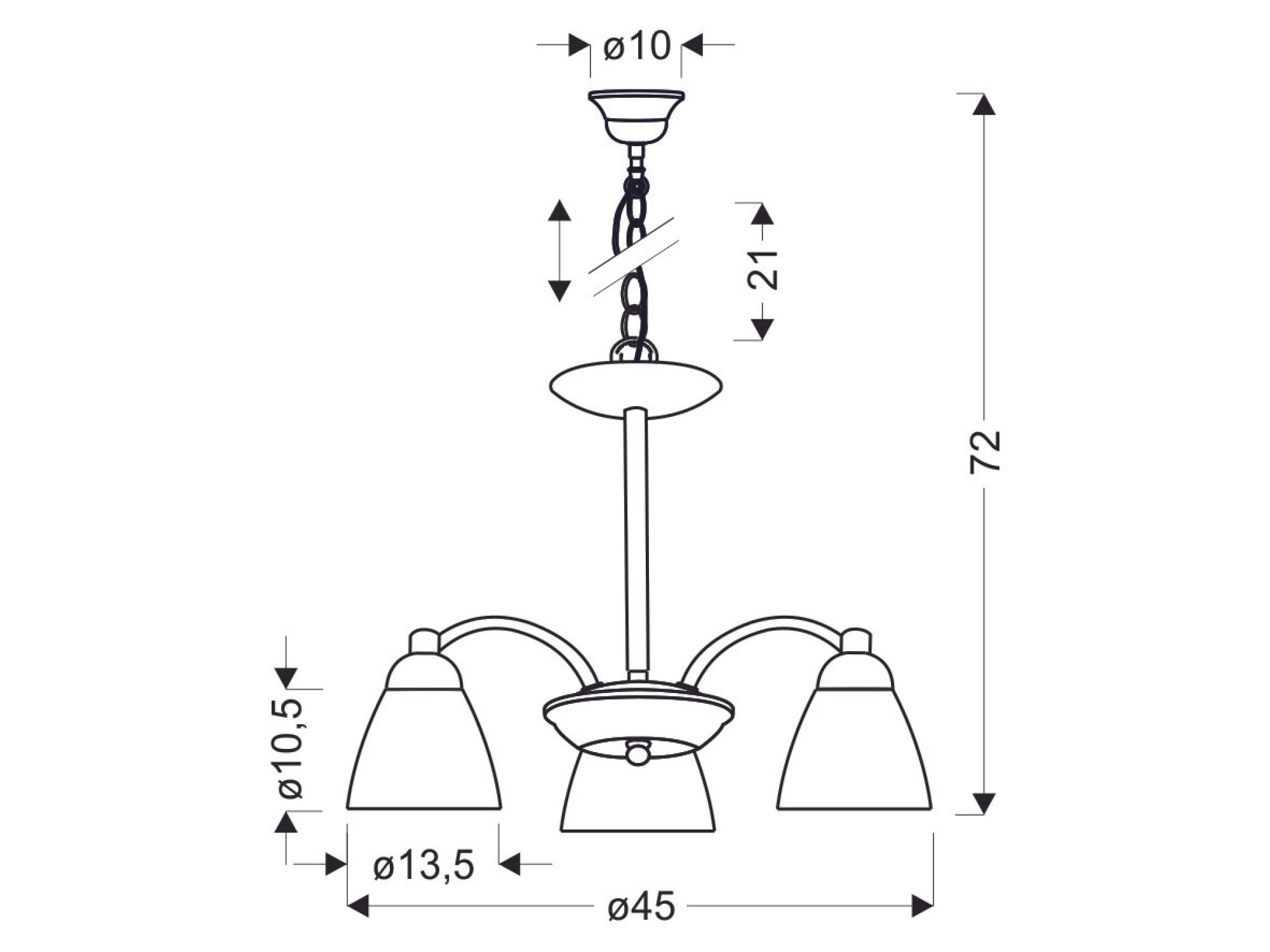 Schemat lampy Lorimena z trzema kloszami, średnica 45 cm i wysokość 72 cm