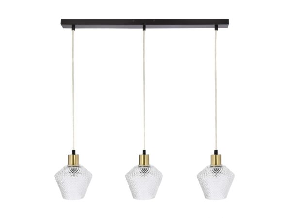 Lampa wisząca Lorisena czarna trzy przezroczyste geometryczne klosze i złote oprawki