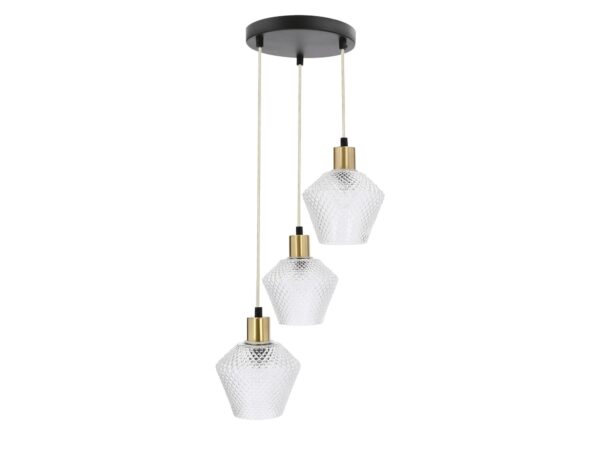 Lampa wisząca Lorisena z trzema fakturowanymi szklanymi kloszami na różnych wysokościach