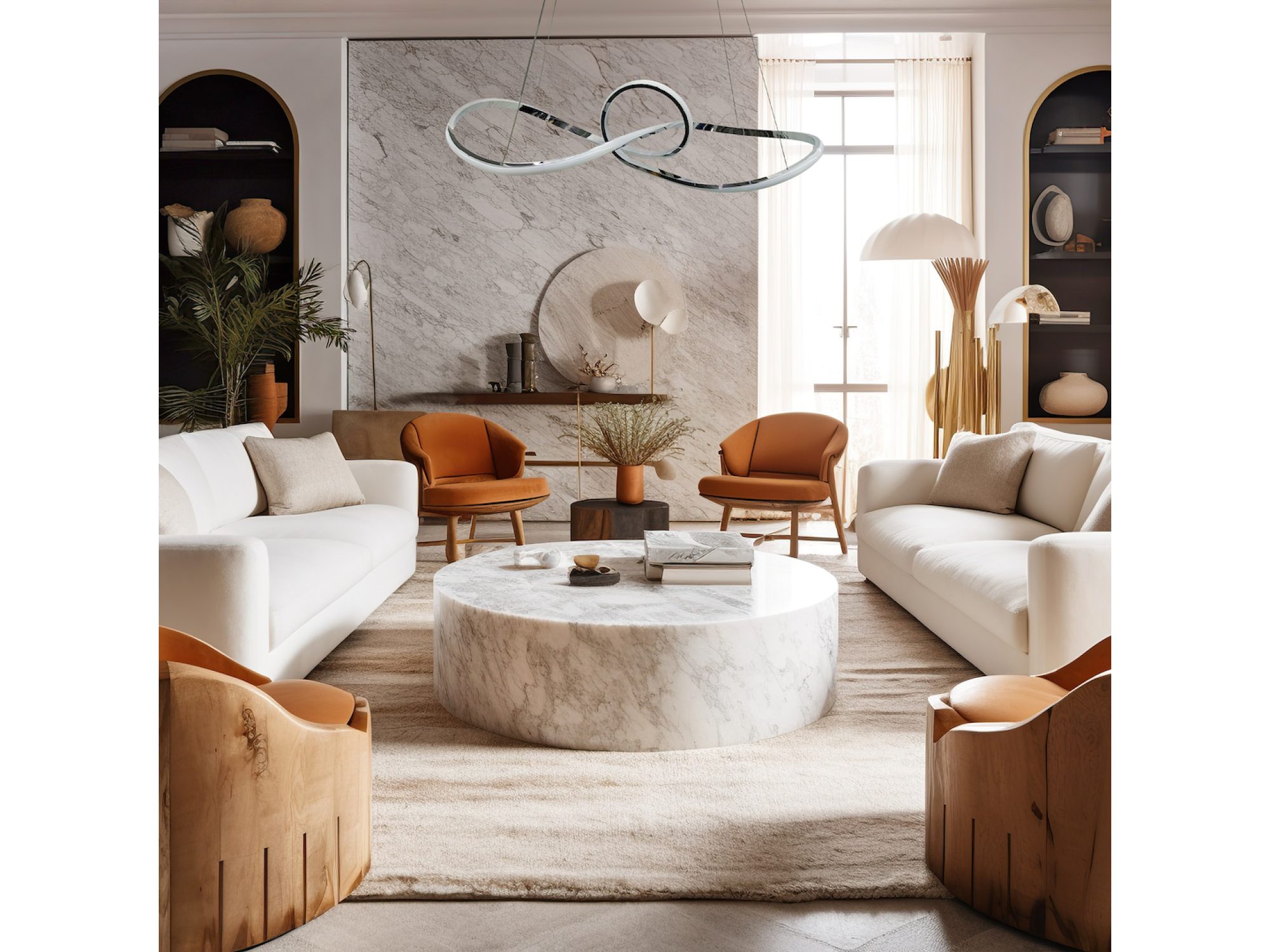 Lampa wisząca Lorotora chromowana w eleganckim salonie z sofami