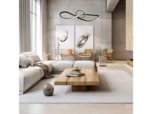 Miniaturka 6 - Lampa wisząca Lorotora czarna w salonie z drewnianym stolikiem