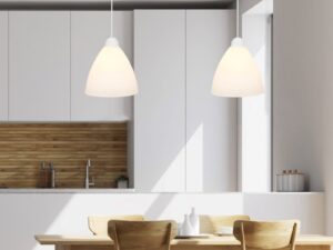 Miniaturka 3 - Dwie białe lampy wiszące Lorovino nad stołem w jasnej jadalni