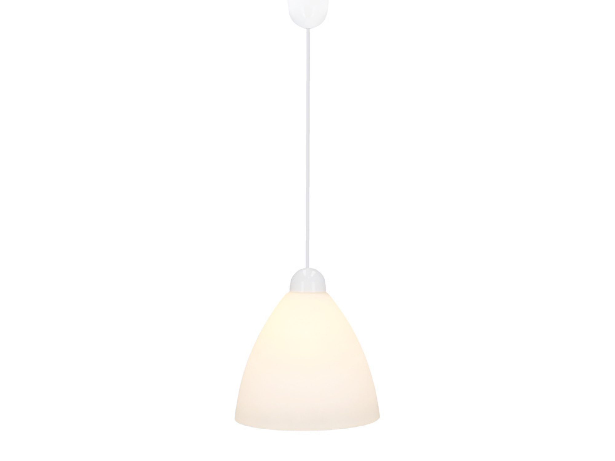 Lampa wisząca Lorovino z białym szklanym kloszem po włączeniu światła
